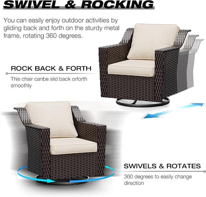 Joyside Wicker Patio Furniture Sets, 7 Pieces Upgraded Large Size Outdoor Furniture with Swivel Rocking Patio Chairs, Two 3-Seat Sofa, Outdoor Ottoman, Thick Cushions, Wide Armrest, Beige