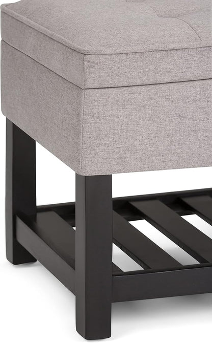 SIMPLIHOME Cosmopolitan Storage Ottoman Bench - 44 inch Wide Upholstered Linen Look Fabric Rectangle Storage Ottoman in Cloud Grey, Transitional Bench for Bedroom with Tufted Lift-Top and Open Shelf