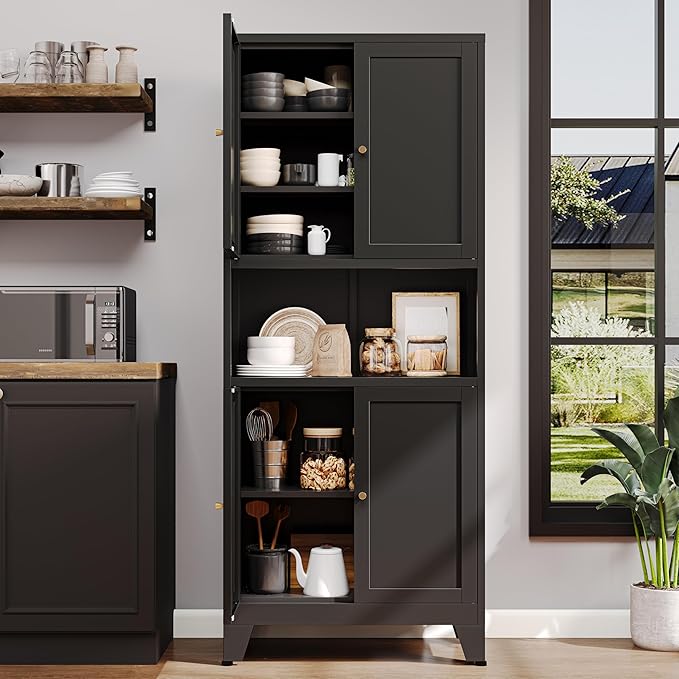 69" H Kitchen Pantry Cabinet with Countertop,Kitchen Hutch Cabinet with Storage,Black Metal Storage Cabinet,Microwave Cabinet,