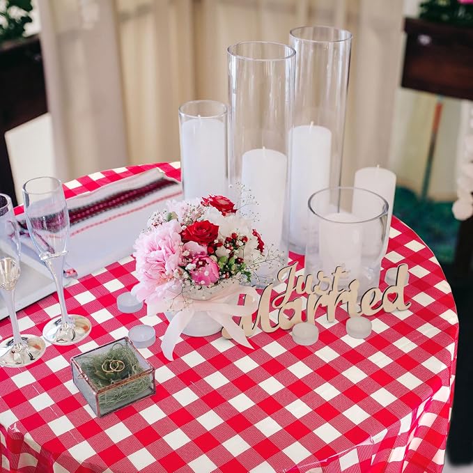 Disposable Checkered Tablecloth Round Plastic Buffalo Plaid Table Cloth 84'' Gingham Tablecover for Picnic Camping BBQ Graduation Party(Red White,12 Pieces)