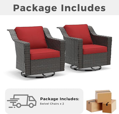Patio 2 Pieces Wicker Swivel Chairs Set of 2，Outdoor PE Rattan Rocking Glider Armchairs, Water-Resistant Cushions with Removable and Washable Covers, Porch, Balcony, Sunroom (RED)