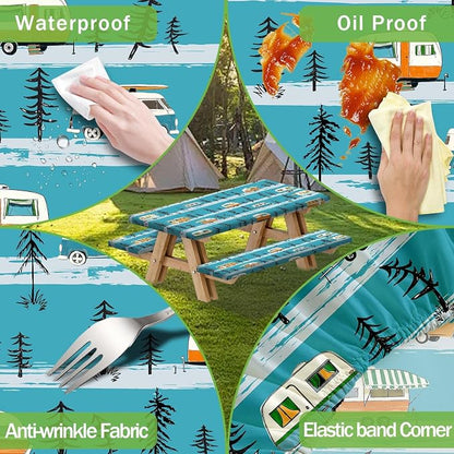 JAWO Picnic Table Cover with Bench Covers, Camper Camping RV Essentials Gear Supplies Outdoor Waterproof Windproof Tablecloth with Elastic, 96in