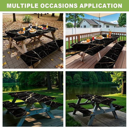 FOREVER QUEEN Picnic Table Cover with Bench Covers 72in,Waterproof Windproof Fitted Tablecloth, Black Marble with Gold Veins Camping Essentials with Drawstring Bag for Patio,Park & Backyard