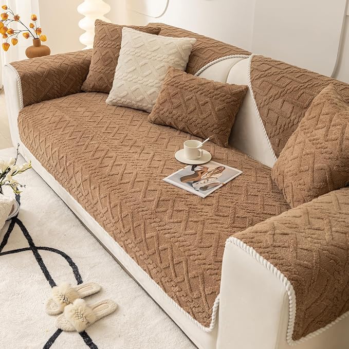 vctops Geometric Jacquard Plush Sofa Couch Covers Farmhouse Neutral Non Slip Sectional Couch Cover Soft Warm Sofa Slipcover for Dogs, Children, Pets Furniture Protector (Coffee,43"x43")