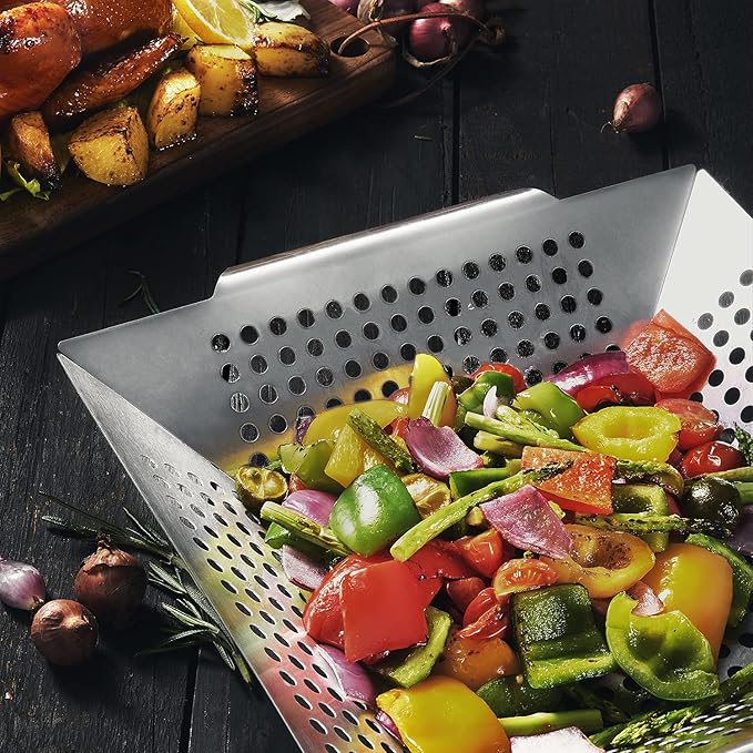 JY COOKMENT Grill Basket- Stainless Steel Grilling Basket for Indoor and Outdoor Use, Heavy Duty Vegetables Grill Basket for Veggies and Kabob, Suitable for All Grills, Dishwasher Safe