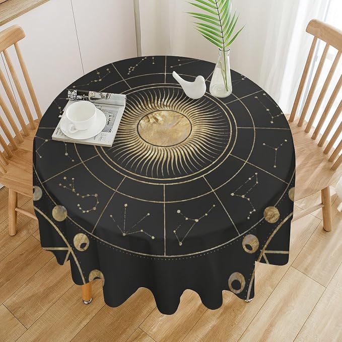 Retro Sun Moon Phases Round Tablecloth Vintage Star Magical Galaxy Space Table Cloth Water Resistant Wipeable Table Cover for Farmhouse Picnic Party Holiday Kitchen Dinner Table 36"