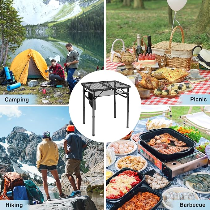 Folding Grill Table, Lightweight Height Adjustable Aluminum Table with Mesh Desktop and Mesh Bag for Outdoor Camping Picnic BBQ, Small 2 Feet, Black