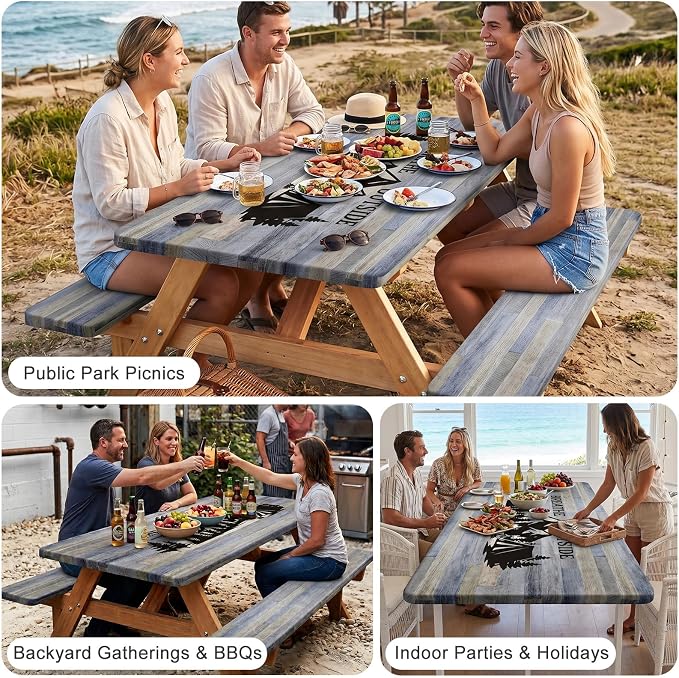 Picnic Table Cover with Bench Covers Windproof Waterproof Picnic Table Covers Camping Tablecloth with Self-Storage Bag, 72in, Gray Blue