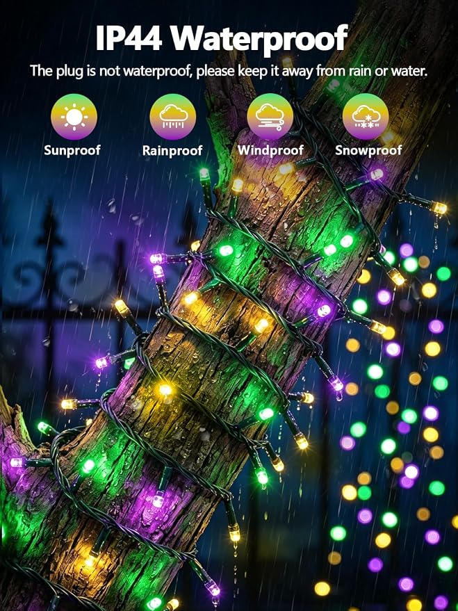 200 LED Extendable Green Yellow Purple Mardi Gras Lights Outdoor Indoor | 75.8FT, Timer & Memory Function,8 Modes,Plug in String Lights Waterproof for Creepy Halloween Party Tree Roof Graveyard Decor