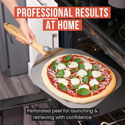 Chef Pomodoro Aluminum Perforated Pizza Peel 16 Inch with Foldable Handle | Perforated Pizza Peel 16 inch, Pizza Steel Perforated Design Prevents Sticking, Foldable Stainless Steel Pizza Peel Handle
