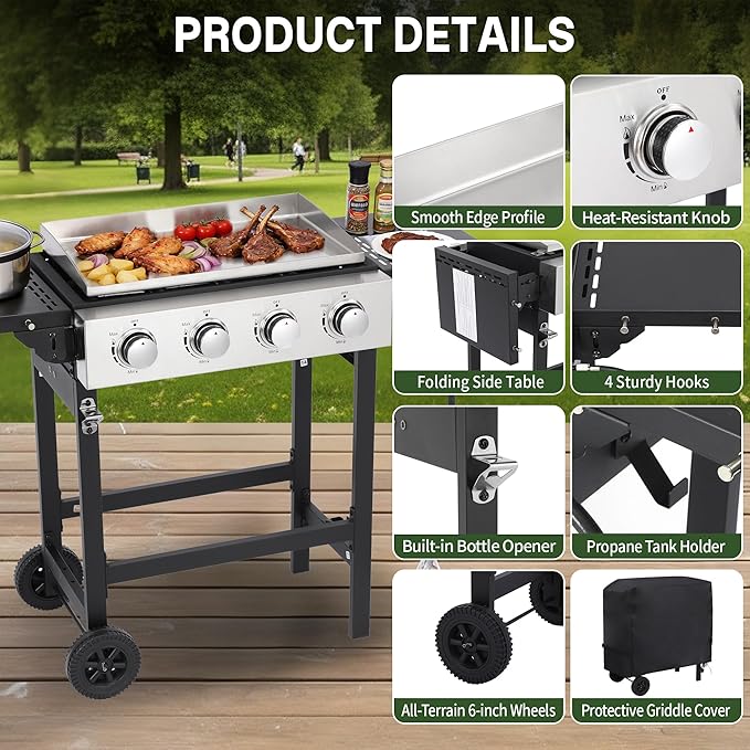 4-Burner Flat Top Grill with Folding Side Tables, Outdoor Griddle Grill with Storage Cover, 40,000 BTU Flat Grill with Stainless Steel Cooking Surface for BBQ, Camping, Tailgating