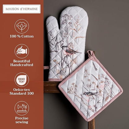 Maison d' Hermine 100% Cotton Oven Mitt & Pot Holder Set (7.5"x13" & 8"x8") Heat Resistant BBQ Cooking Gloves with Loop Baking Kitchen Hotel Home Farmhouse Spring Summer (Meadow Florals - Brown)