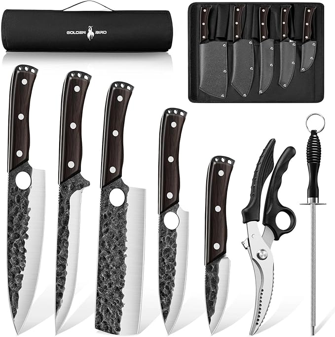 Golden Bird Japanese Chef Knife Set with Roll Bag, Hand Forged Butcher Knife Set for Meat Cutting, Outdoor BBQ Knives for Men, Christmas Gifts for Men Women