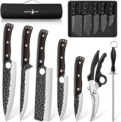 Golden Bird Japanese Chef Knife Set with Roll Bag, Hand Forged Butcher Knife Set for Meat Cutting, Outdoor BBQ Knives for Men, Christmas Gifts for Men Women
