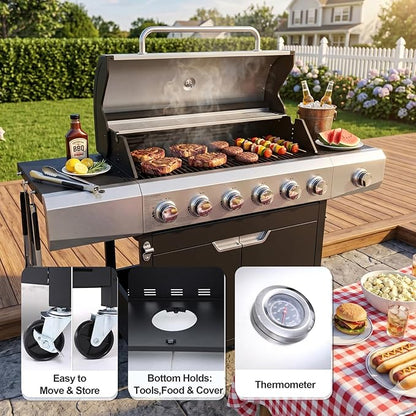 Endark Upgraded 68,500 BTU 6-Burner Propane Gas Grill with Side Burner | Stainless Steel Outdoor BBQ Grill with Porcelain Grates & Wheels for Patio, Garden, Backyard