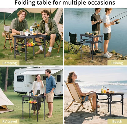 Anbte Folding Camping Table, 24"X 16" Adjustable Height Small Folding Table | with Storage Net, Aluminum Compact Folding Table, Lightweight, Portable Table for Outdoor Travel Cooking Picnic, Pure Black