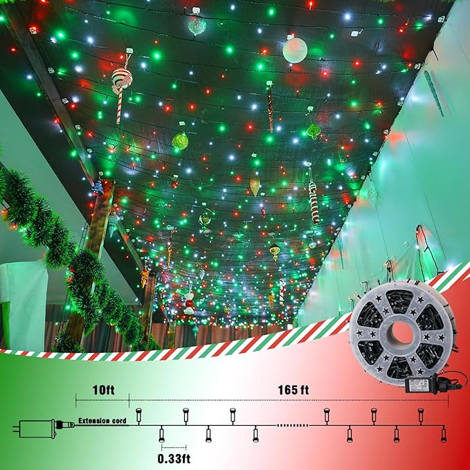 QITONG 165ft 500 LED Red White and Green String Lights, 8 Modes Twinkle String Lights Outdoor Waterproof, Green Wire Christmas Tree Lights Plug in Indoor