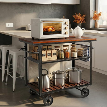 Vintage Rolling Bar Cart on Wheels Industrial Mobile Serving Cart Metal and Wood Design for Kitchen Bar Office Coffee House 36.2" Lx15.75 Wx30.5 H 3 Tier with 2 Side Handle