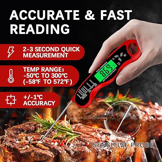 Meat Thermometer Digital，IP67 Waterproof Cooking Thermometer with Backlight, Calibration & Hold Function，Food Thermometer for Cooking,Outdoor Grilling