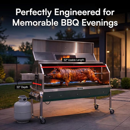 52 Inch Propane Rotisserie Spit Roaster for Whole Pig, Lamb, Goat, Stainless Steel BBQ Grill with Hood, 50W Motor 200 lb Torque, 4 RPM, Thermometer, Grates, Drip Pan & Accessories - SSG1