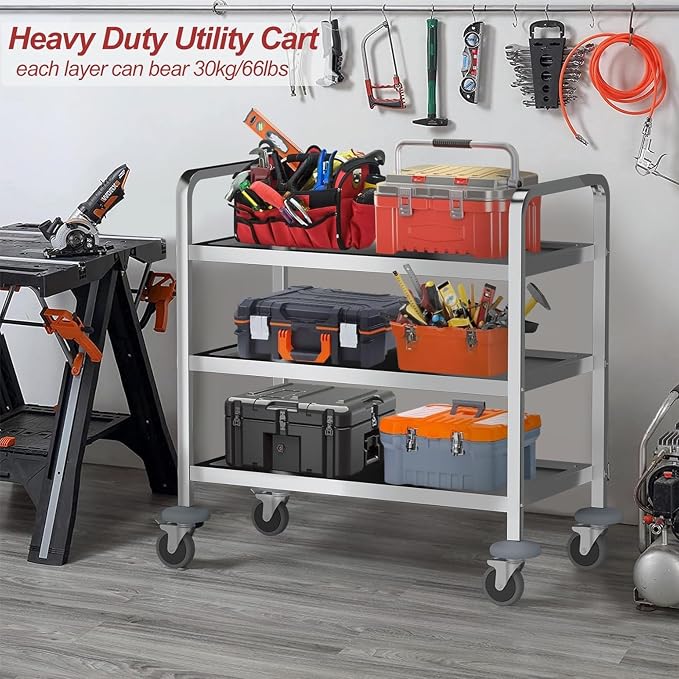 Nisorpa 3 Tier Kitchen Rolling Cart, Stainless Steel, L30 x W16 x H33 Inch | Utility Cart with Wheels, Serving Trolley, Catering Storage Shelf, 2 Lockable Wheels, For Hotel, Restaurant, Home Use