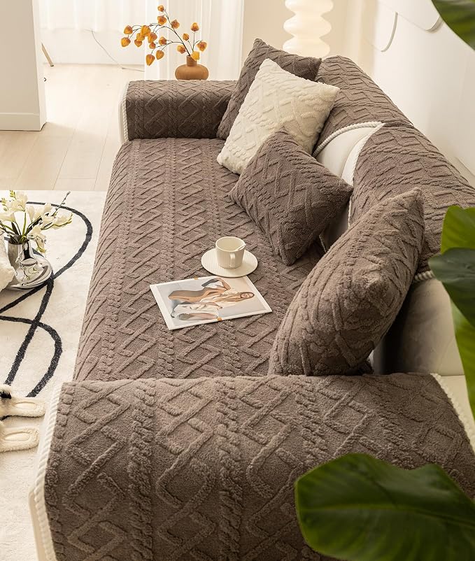 vctops Geometric Jacquard Plush Sofa Couch Covers Farmhouse Neutral Non Slip Sectional Couch Cover Soft Warm Sofa Slipcover for Dogs, Children, Pets Furniture Protector (Brown,43"x94")
