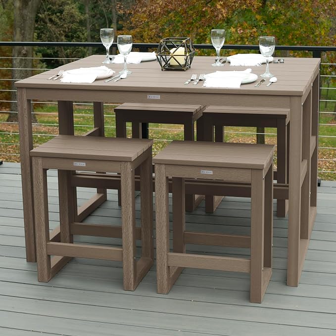 highwood Monroe 6-Piece Counter Height Modern Balcony Set, 2 Tables and 4 Stools, Woodland Brown