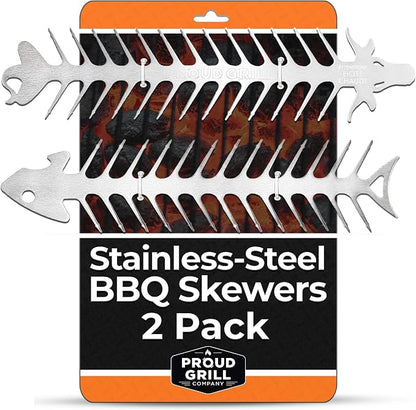 Proud Grill Slide & Serve BBQ Skewers, Grilling Accessories, 12", Set of 2 | Reusable Stainless-Steel Barbecue Skewers, Ideal for Shish Kabobs, Beef, Pork, Chicken, Shrimp & Vegetables, BBQ Tool Sets
