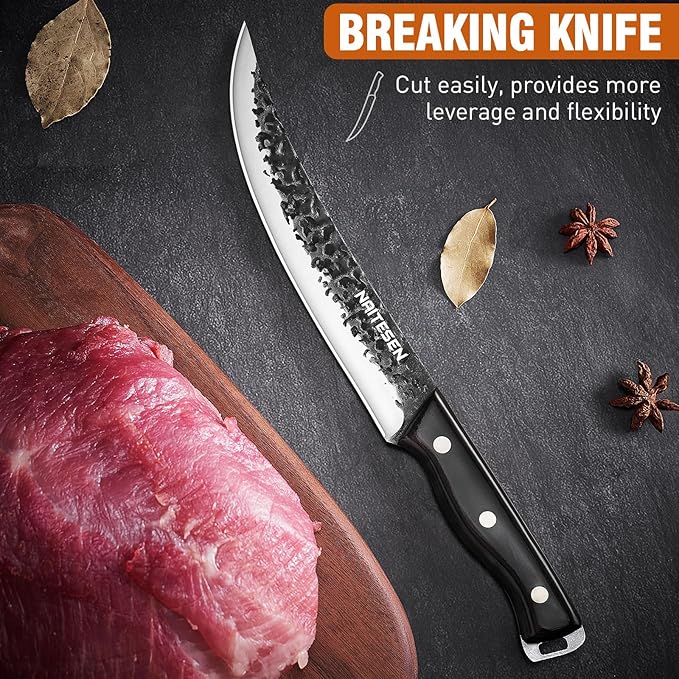 Naitesen Professional Butcher Knife Set 3, Bullnose Meat Carving knife Breaking Knife Boning Knife Hand Forged Very Sharp for Meat Cutting Home Kitchen Cooking BBQ Gifts for Men Women