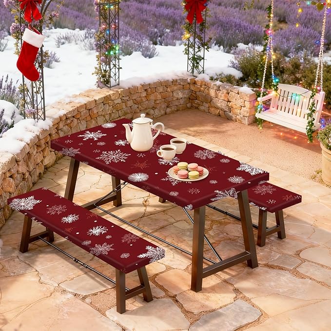 Christmas Picnic Table Cover with Bench Covers Set, Elastic Fitted Tablecloth for Outdoor Picnic Tables, Red Snowflake Pattern, Durable Vinyl Table Cover for Camping, BBQs, and Parties