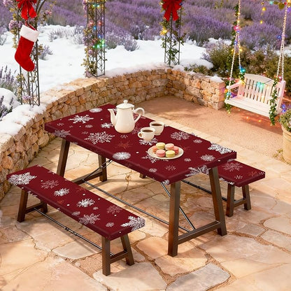 Christmas Picnic Table Cover with Bench Covers Set, Elastic Fitted Tablecloth for Outdoor Picnic Tables, Red Snowflake Pattern, Durable Vinyl Table Cover for Camping, BBQs, and Parties