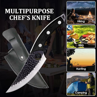 Chef Knife, Boning Knife for Meat Cutting, Viking knife with sheath,Hand Forged Japanese Knife,Kitchen Knives For Home, Outdoor Cooking, Camping BBQ (Black)