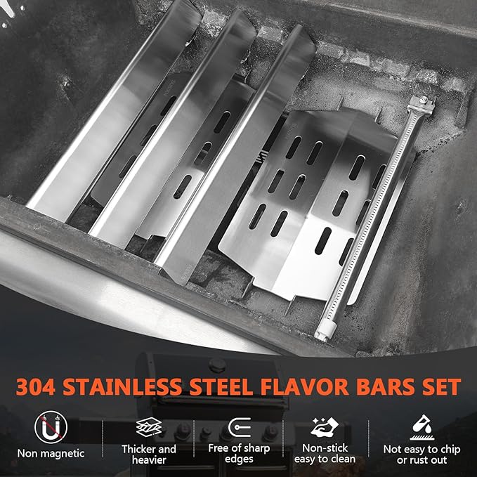 SUS304 Grill Parts for Weber Genesis 300 Series with Front Control Knob, Genesis Burner Tube, Heat Deflectors & 17.5" Flavorizer Bars for Weber Genesis E/S310 E/S320, Replacement for Weber 7621 62752