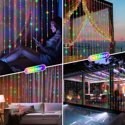 Solar Curtain Lights Outdoor 10 x 10Ft 300LED Waterproof Waterfall Light with 8 Modes Remote USB Rechargeable Dimmable Timer Twinkle Fairy String Lights for Outdoor Christmas Gazebo Wedding Pergola