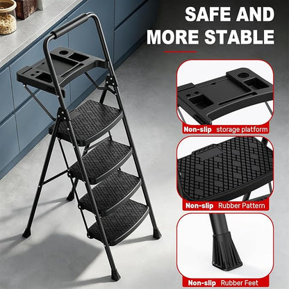 4 Step Ladder, Anautin Folding Step Stool with Tool Tray, Wide Anti-Slip Pedals, Heavy Duty Steel Step Ladder with Handrails, Portable Foldable Ladder for Kitchen Closet Garage Home 600lbs Capacity
