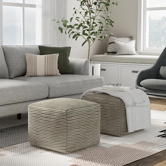 SIMPLIHOME Eastmont 18" Wide Square Pouf in Beige PET Polyester | Versatile boho indoor/outdoor footstool, extra seating for living room or bedroom or patio with assembled design, assembled.