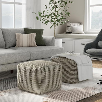 SIMPLIHOME Eastmont 18" Wide Square Pouf in Beige PET Polyester | Versatile boho indoor/outdoor footstool, extra seating for living room or bedroom or patio with assembled design, assembled.