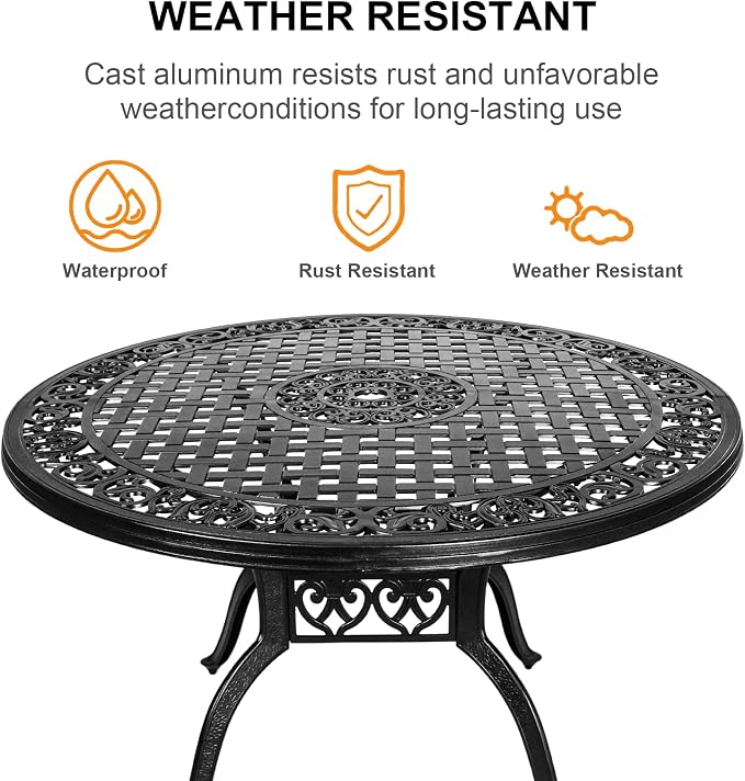 48.23" Patio Dinning Table, All-Weather Cast Aluminum Table with 2.36" Umbrella Hole, Patio Furniture, Outdoor Dining Table for Backyard and Poolside