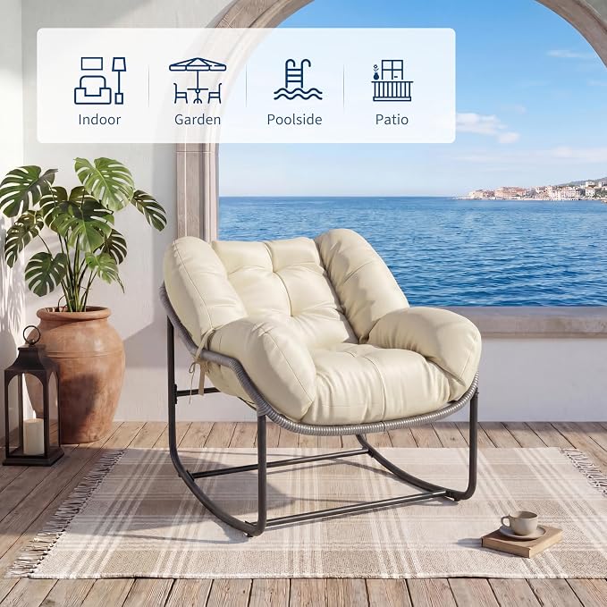 Patio Rocking Chair Set,Indoor Outdoor Rocking Chair,Papasan Chairs with Cushion,Wicker Egg Rockers, Lounge Chair for Patio, Living Room, Bedroom, or Porch,Beige