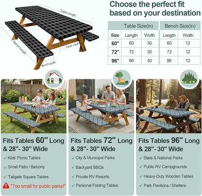 Picnic Table Cover with Bench Covers Camping Essentials Waterproof Windproof Camping Tablecloth with Drawstring Bag, Fitted Rectangle Tables and Seats, 72in, Black Checkered
