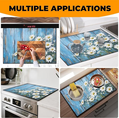 Heat-Resistant Glass Stove Top Cover with Anti-Slip Rubber Coating – Electric Stove Protector, Scratch-Resistant, Counter Space Decor Mat (Chrysanthemum, 28.5"L x 20.5"W)