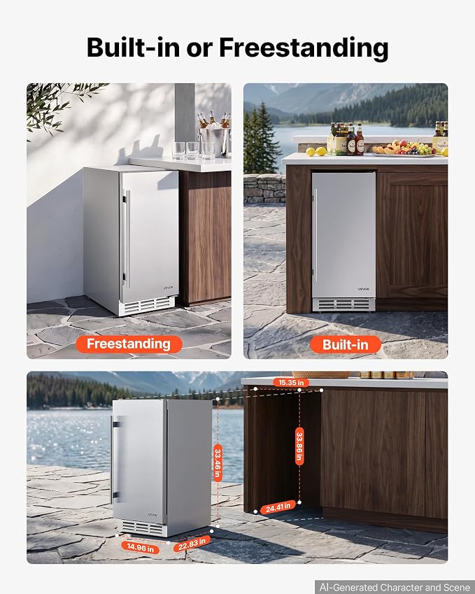 VEVOR Outdoor Beverage Refrigerator, 15 Inch Undercounter Drink Fridge | 304 Stainless Steel Body, 3.0 Cu. Ft, Hold 94 Cans, Powerful Cooling System, Built-in / Freestand Cooler, Home Bar & Patio