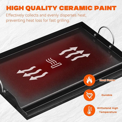 onlyfire 25" x 16" Ceramic Coated Non-Stick Flat Top Griddle Insert | Removable Handles, Wavy Ventilation, Grease Groove, For Gas and Charcoal Grills, Tailgating, Camping and Parties