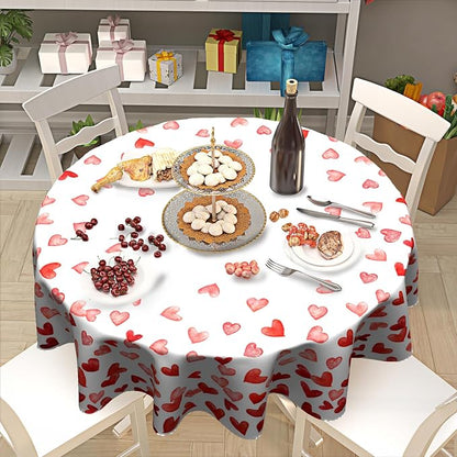 Sweetshow Valentine's Day Table Cloth Round Love Red Hearts Tablecloth 60 Inch Decor Washable Stain and Wrinkle Resistant Round Table Cover for Dining Picnic