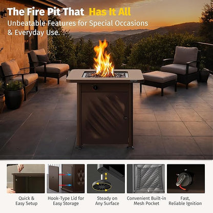 East Oak 28” Outdoor Propane Fire Pit Table | 52,000 BTU Gas Fire Pit for 2-4 People with Space-Saving Hock Lid, Mesh Pocket & Lava Rocks | CSA Certified Safe for Patio, Deck, Backyard, Brown