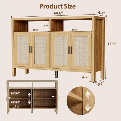 Rattan Buffet Cabinet with Storage, Sideboard with Doors, Console Table, Farmhouse Coffee Bar, Modern Wood Storage Cabinets(Natural 2.0)