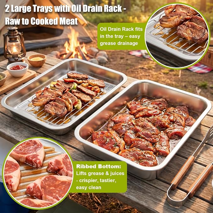 7-IN-1 Grill Prep & Carry System - Large Stainless Steel Prep Tray with Lid | Grill Accessories with 2 Marinating Containers, Cutting Board & Rack, Dishwasher-Safe Grilling Prep & Serve Set for BBQ Gifts