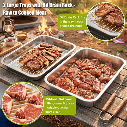 7-IN-1 Grill Prep & Carry System - Large Stainless Steel Prep Tray with Lid | Grill Accessories with 2 Marinating Containers, Cutting Board & Rack, Dishwasher-Safe Grilling Prep & Serve Set for BBQ Gifts