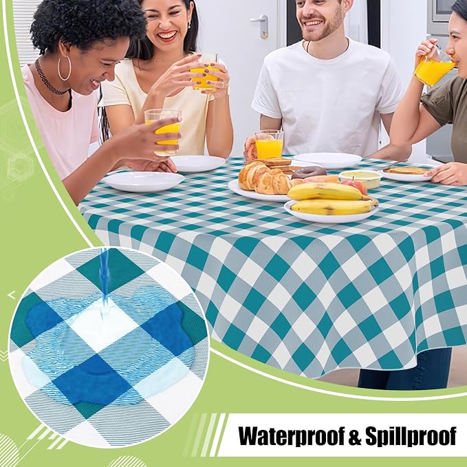 Smiry Picnic Table Cloth, Vinyl Tablecloths with Flannel Backing, 60" Round | Waterproof Picnic Table Cloth, Wipeable Buffalo Plaid Table Cover for Indoor and Outdoor (Turquoise & White)