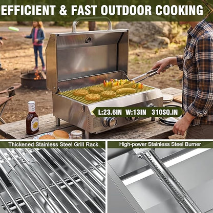 Bestfire 3-Burner Tabletop Gas Grill, 30,000 BTU Portable Propane Grill, Heavy-Duty Thickened Stainless Steel Grates, Stainless Steel Knobs, Compact & Detachable Legs for Camping, RV&BBQ